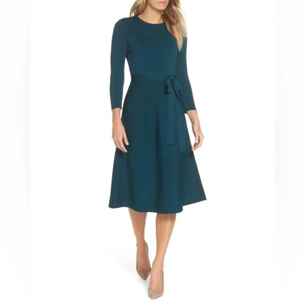 Eliza J Fit & Flare Sweater Dress in Spruce - NEW - Size Small